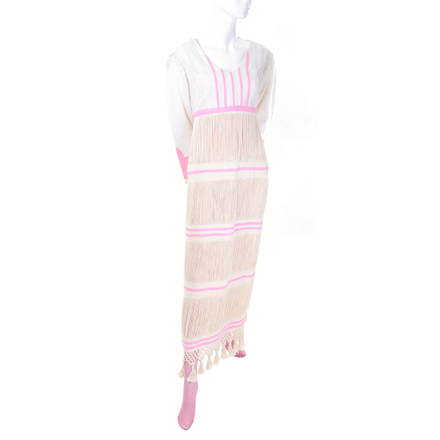 1960s Bohemian Linen Folk Dress w Peek a Boo Fringe & Pink Bodysuit Stocking