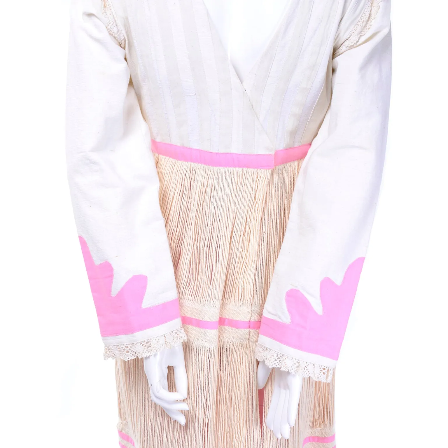 1960s Bohemian Linen Folk Dress w Peek a Boo Fringe & Pink Bodysuit Stocking
