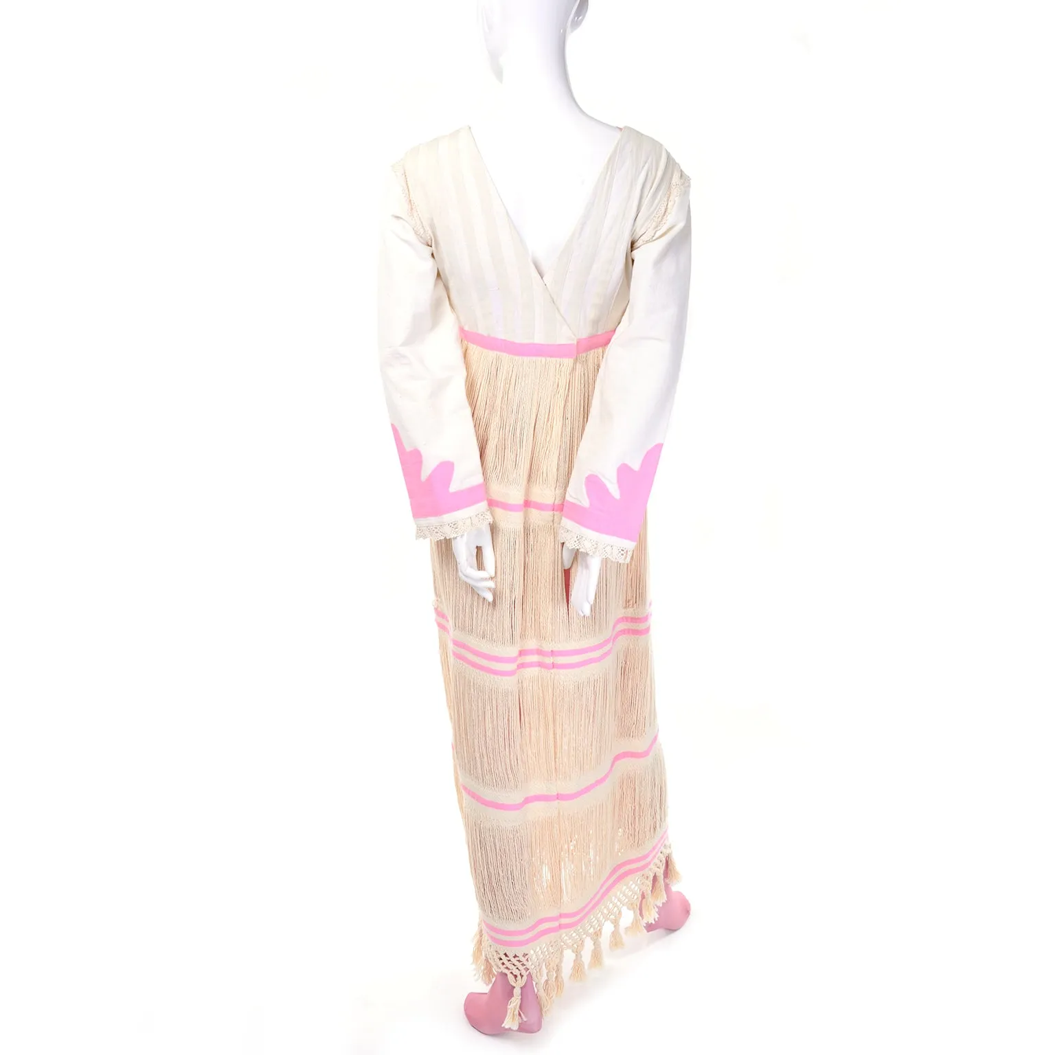 1960s Bohemian Linen Folk Dress w Peek a Boo Fringe & Pink Bodysuit Stocking