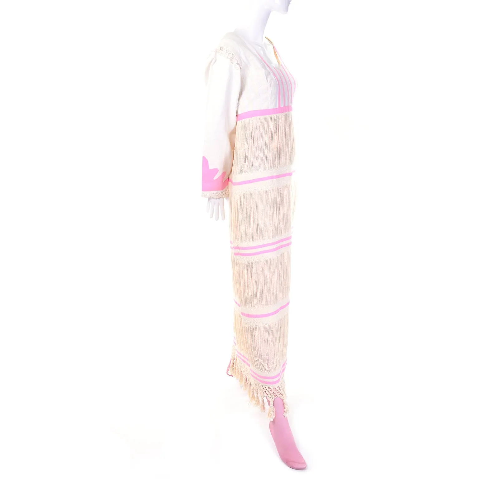 1960s Bohemian Linen Folk Dress w Peek a Boo Fringe & Pink Bodysuit Stocking