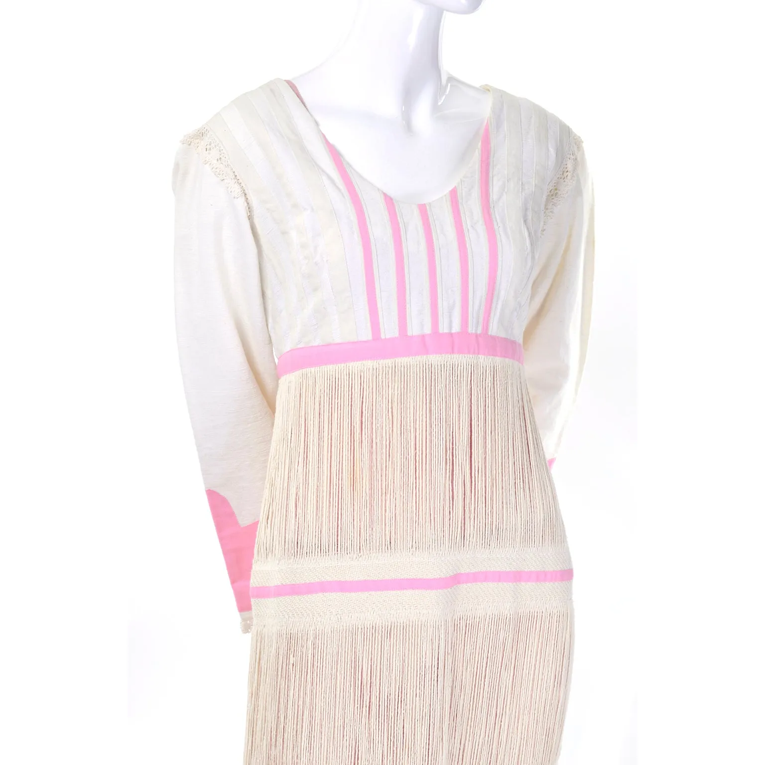 1960s Bohemian Linen Folk Dress w Peek a Boo Fringe & Pink Bodysuit Stocking