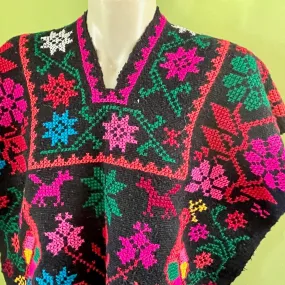 1970's Vintage Unisex Woven Embroidered Wool Poncho / Vest Guatemalan Floral Design Red Green Blue One Size - OOAK