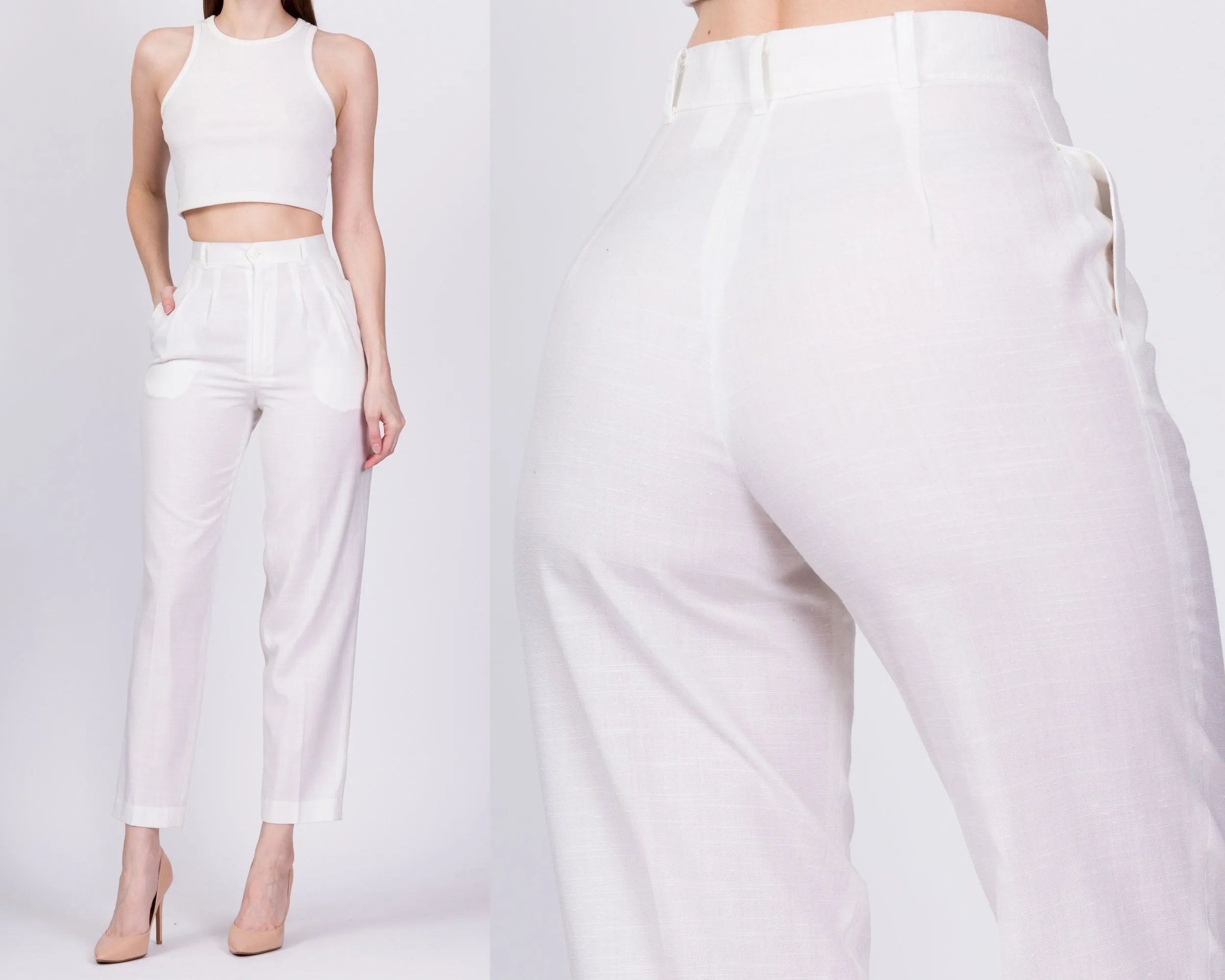 80s White High Waist Trousers - Extra Small, 24"