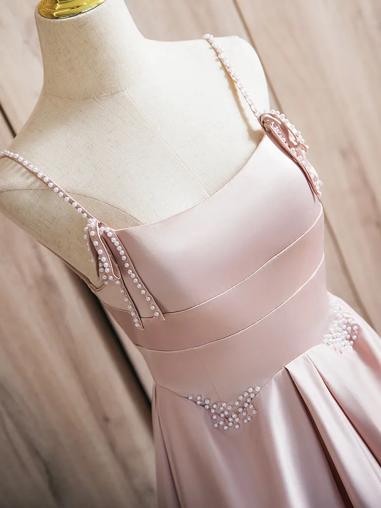 A-Line Beads Satin Pink Long Prom Dress, Pink Long Formal Dress