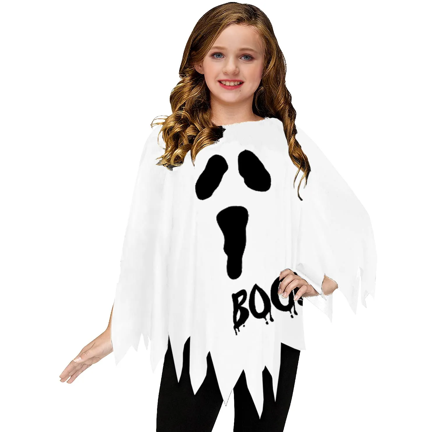 AOBUTE Girls White Ghost Poncho Kids Halloween Cute Cloak Cape Clothes White
