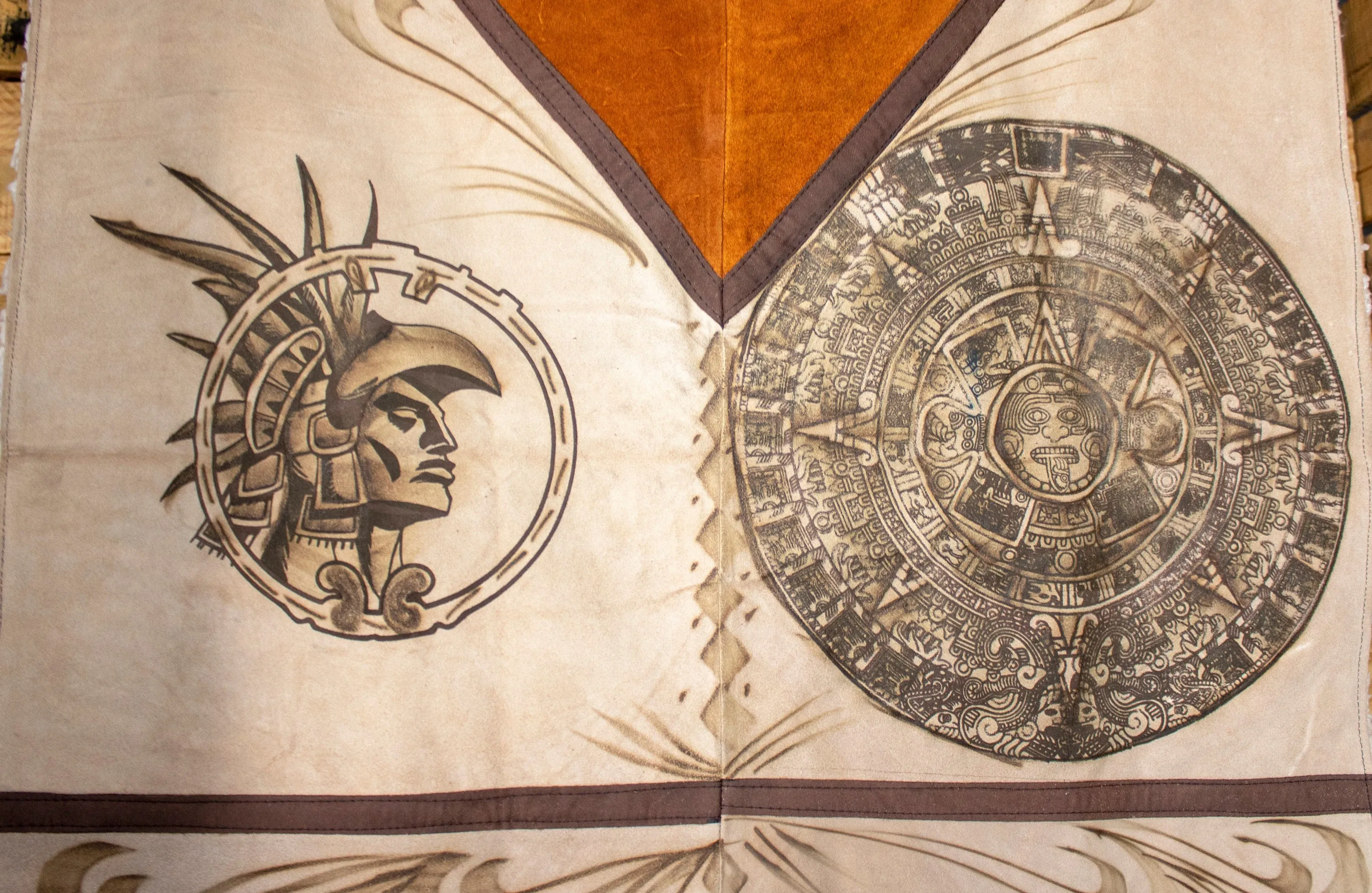 AUTHENTIC SUEDE LEATHER stamped Calendario Azteca Aztec Mexican poncho Gaban