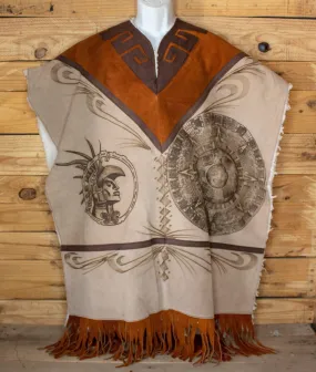 AUTHENTIC SUEDE LEATHER stamped Calendario Azteca Aztec Mexican poncho Gaban