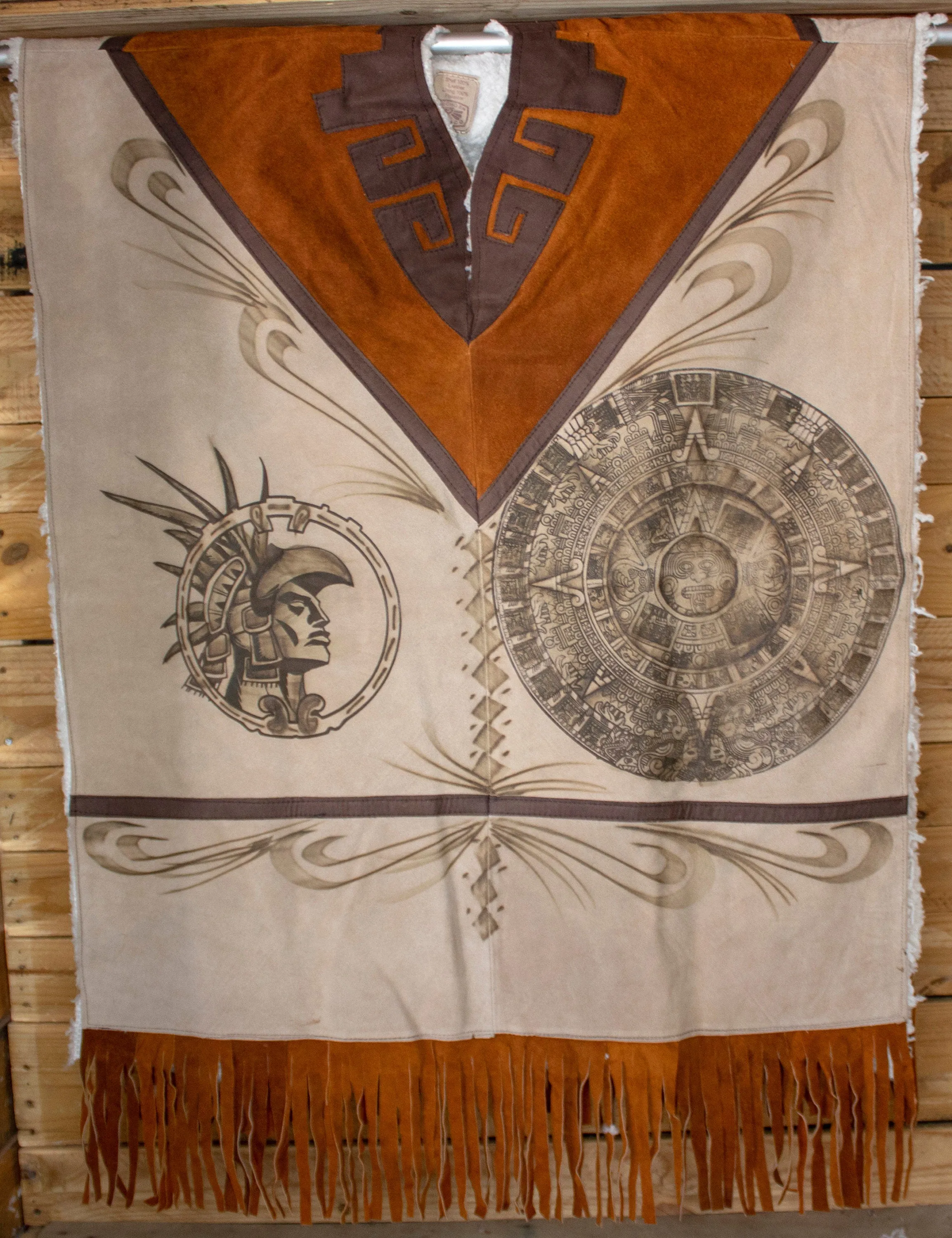 AUTHENTIC SUEDE LEATHER stamped Calendario Azteca Aztec Mexican poncho Gaban