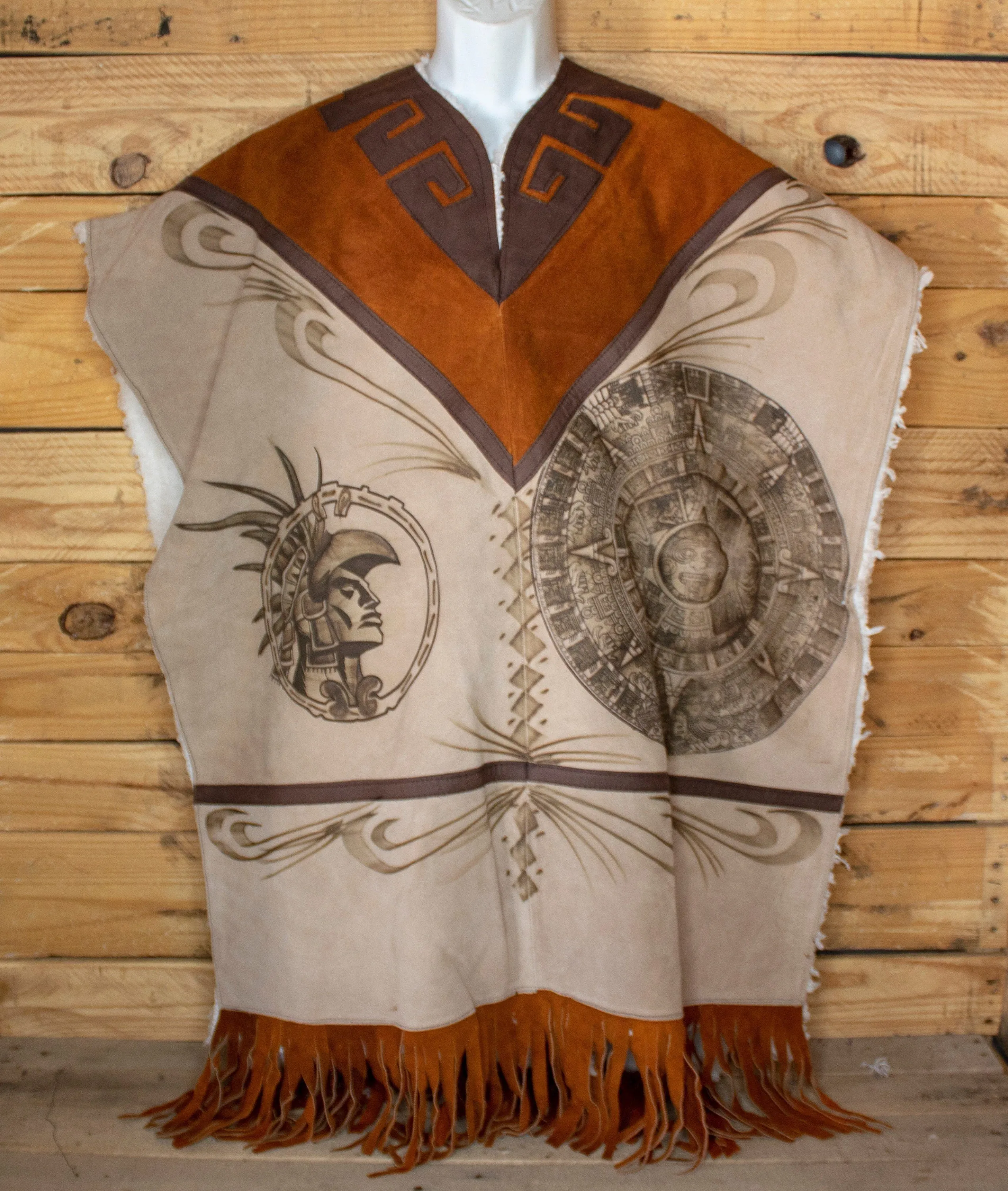 AUTHENTIC SUEDE LEATHER stamped Calendario Azteca Aztec Mexican poncho Gaban