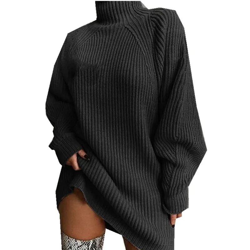 Autumn/Winter Knitted Sweater Dress - Stylish and Sexy Medium-Length Long Sleeve High Collar Dress for Women