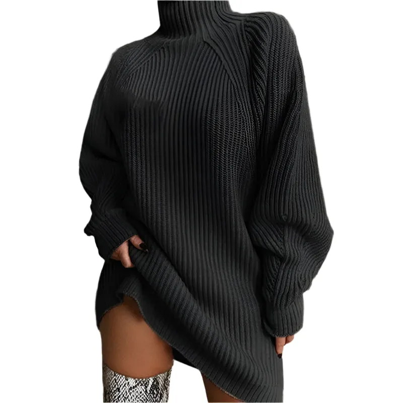 Autumn/Winter Knitted Sweater Dress - Stylish and Sexy Medium-Length Long Sleeve High Collar Dress for Women