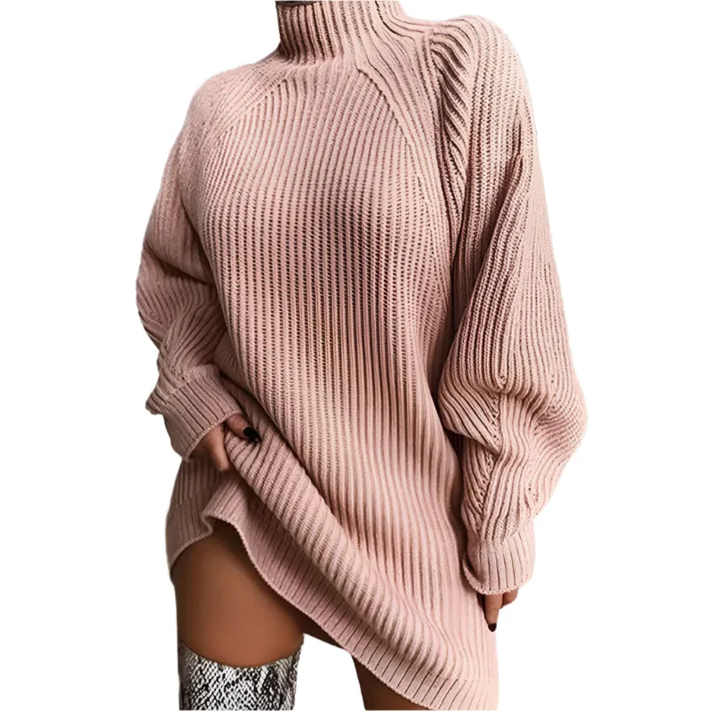 Autumn/Winter Knitted Sweater Dress - Stylish and Sexy Medium-Length Long Sleeve High Collar Dress for Women