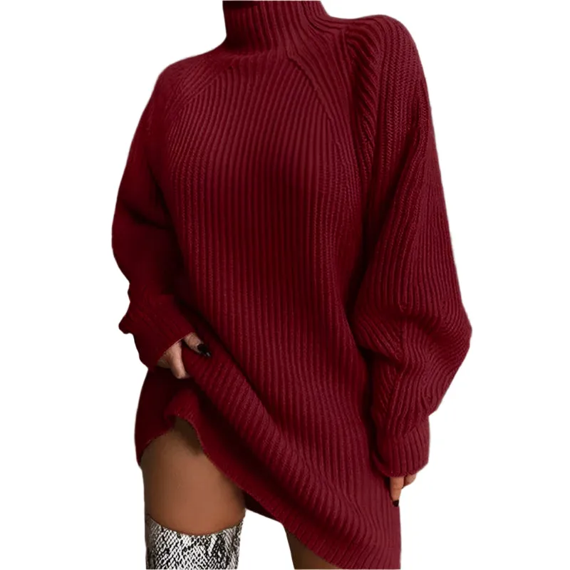 Autumn/Winter Knitted Sweater Dress - Stylish and Sexy Medium-Length Long Sleeve High Collar Dress for Women