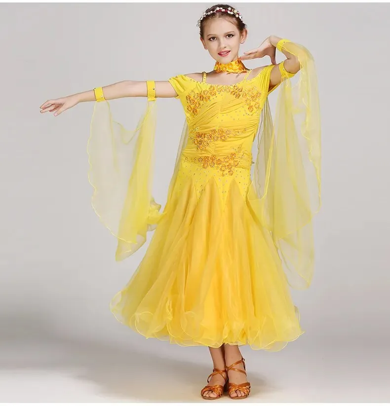 #B101 Floating Sleeves Childs Modern Dance Costumes-Ballroom Dress- Girls Ballroom Competition Dress