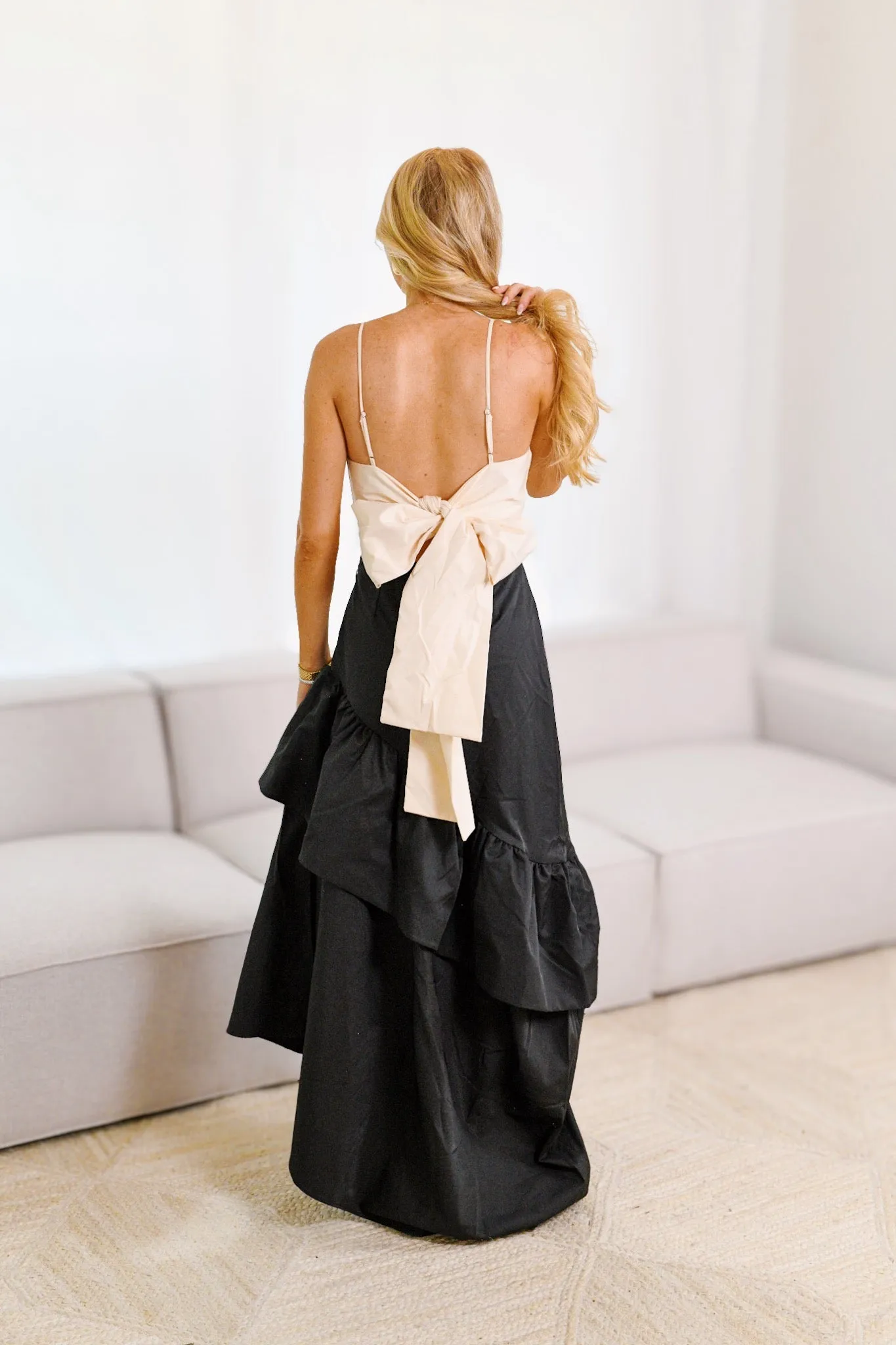 Bailey Bow Contrast Tiered Ruffle Maxi Dress-Black/Cream