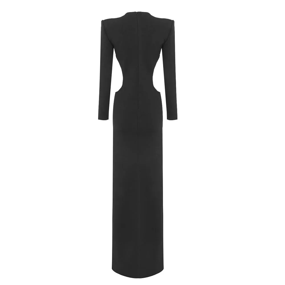 Black Cut Out Rhinestone Long Sleeve Split Evening Dress