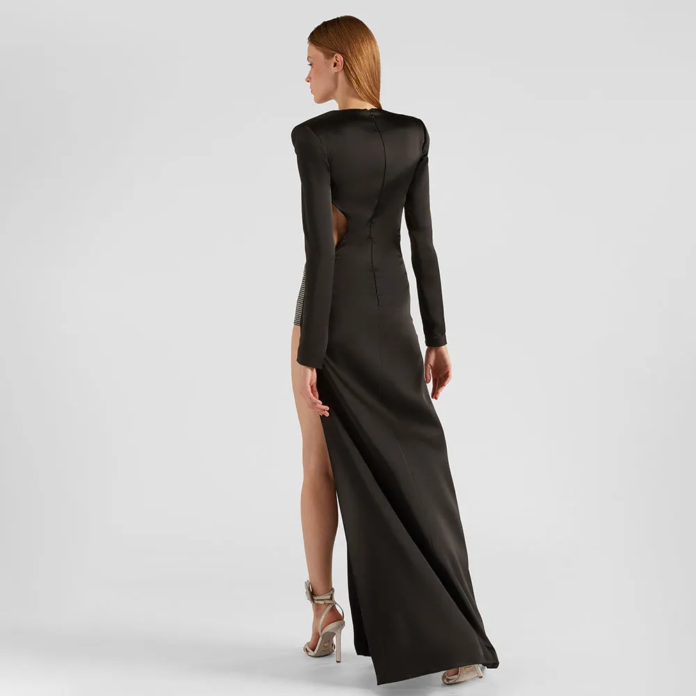Black Cut Out Rhinestone Long Sleeve Split Evening Dress