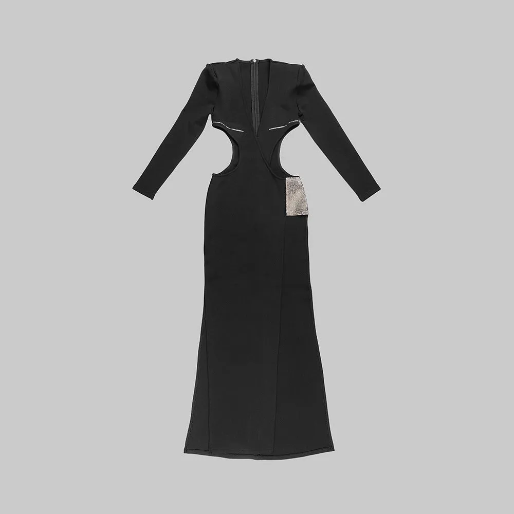 Black Cut Out Rhinestone Long Sleeve Split Evening Dress