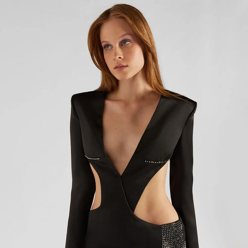 Black Cut Out Rhinestone Long Sleeve Split Evening Dress