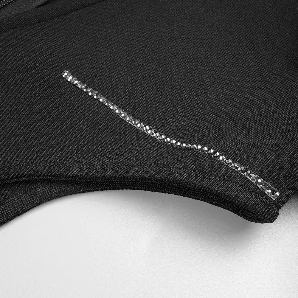 Black Cut Out Rhinestone Long Sleeve Split Evening Dress