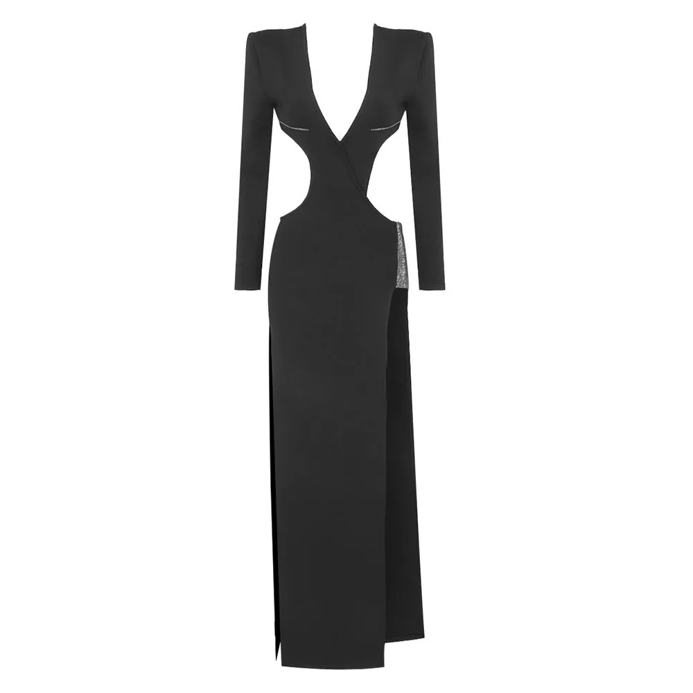 Black Cut Out Rhinestone Long Sleeve Split Evening Dress