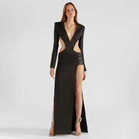 Black Cut Out Rhinestone Long Sleeve Split Evening Dress