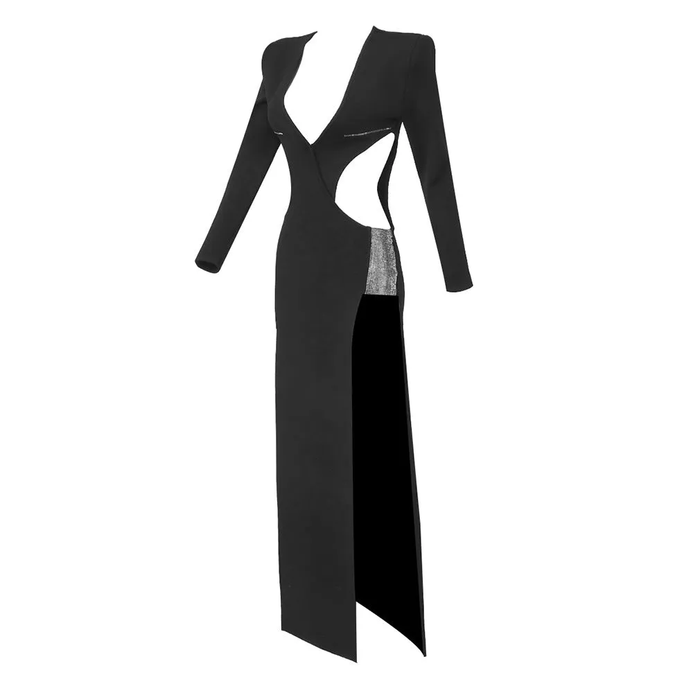 Black Cut Out Rhinestone Long Sleeve Split Evening Dress