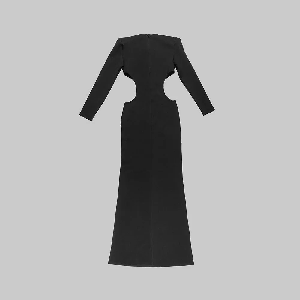 Black Cut Out Rhinestone Long Sleeve Split Evening Dress