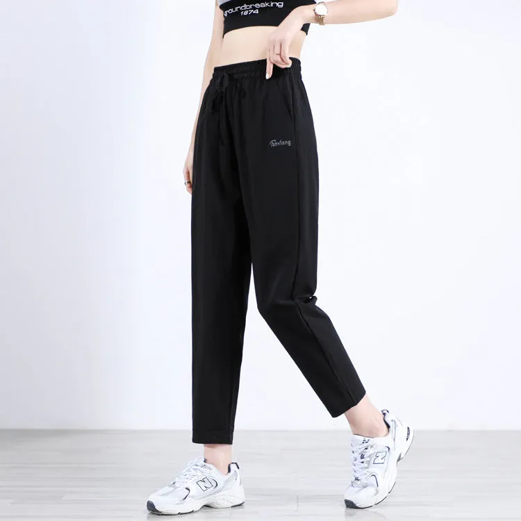 Black High Waist Straight Casual Pants Women Summer Thin Loose Slim Look Drape Ice Silk Pants