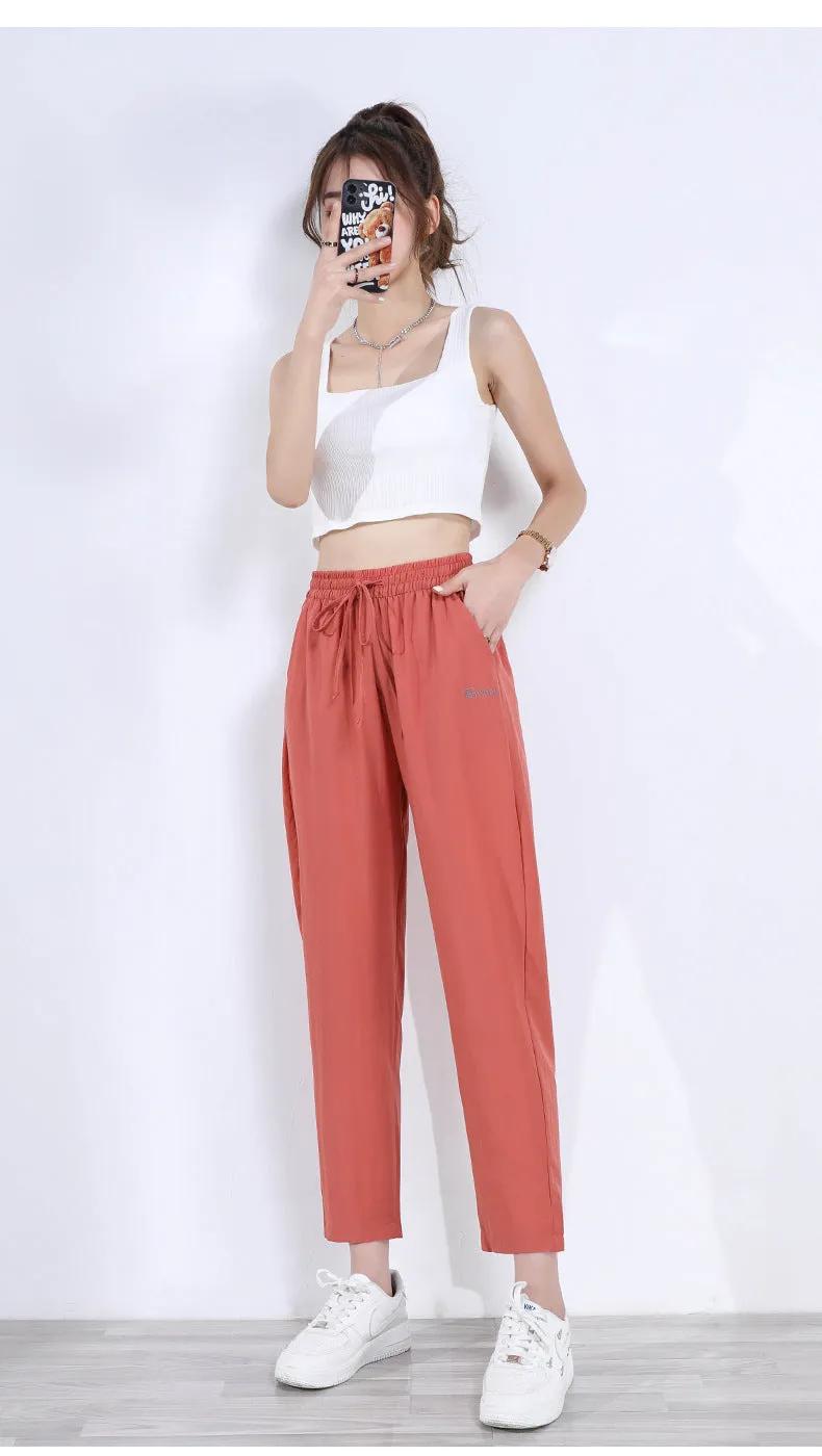 Black High Waist Straight Casual Pants Women Summer Thin Loose Slim Look Drape Ice Silk Pants