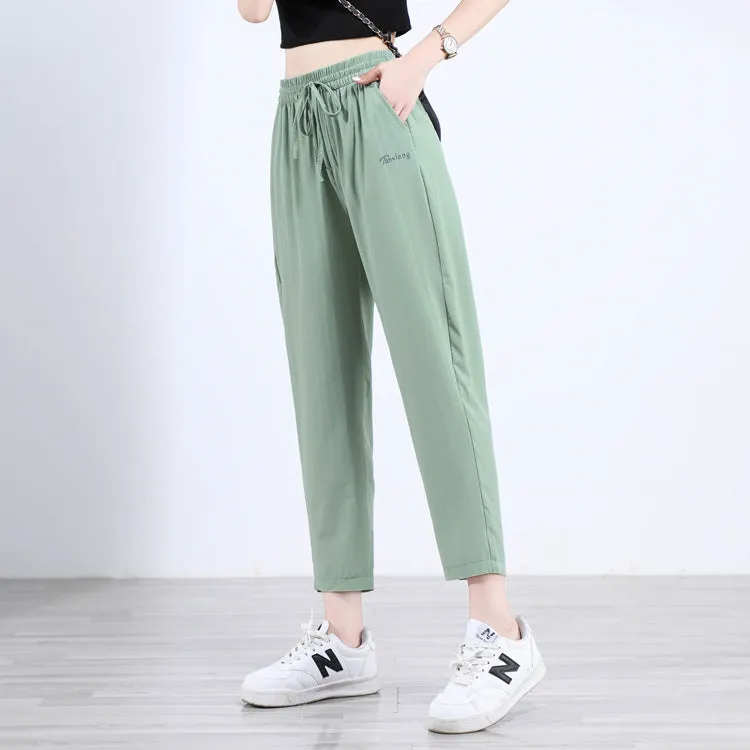 Black High Waist Straight Casual Pants Women Summer Thin Loose Slim Look Drape Ice Silk Pants