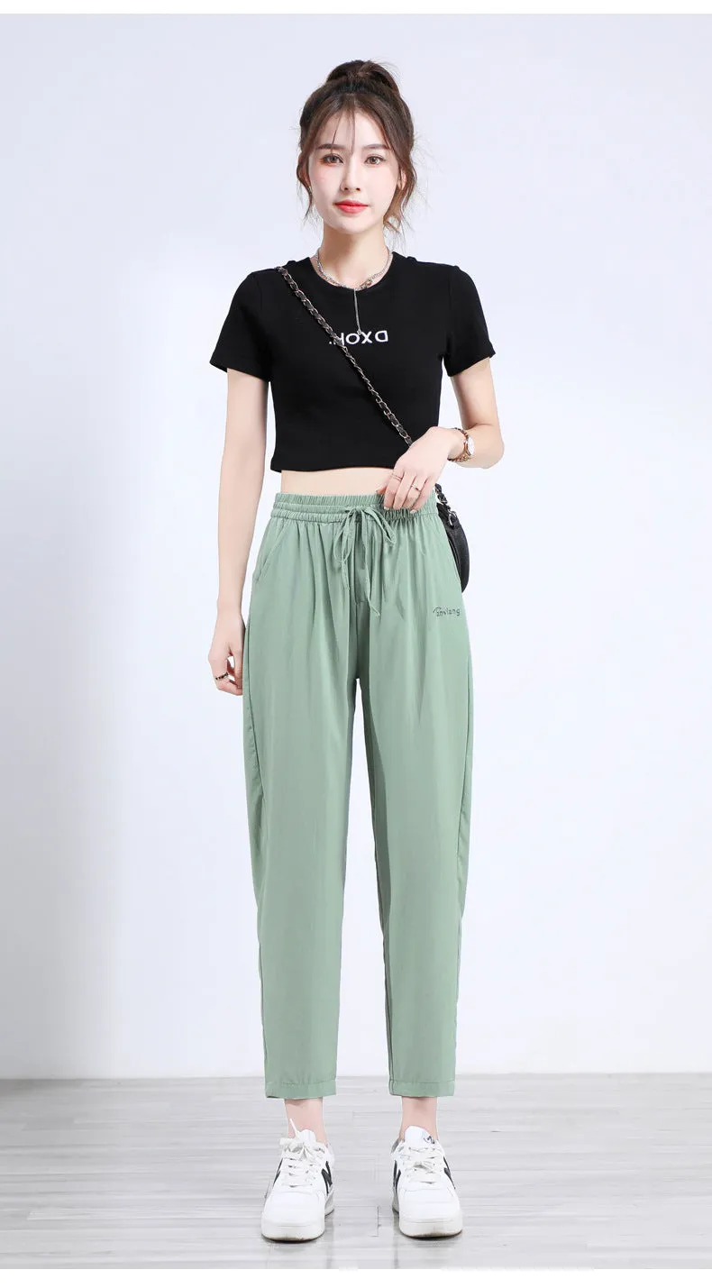 Black High Waist Straight Casual Pants Women Summer Thin Loose Slim Look Drape Ice Silk Pants