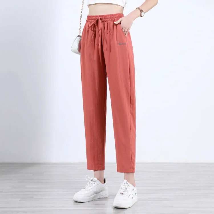 Black High Waist Straight Casual Pants Women Summer Thin Loose Slim Look Drape Ice Silk Pants