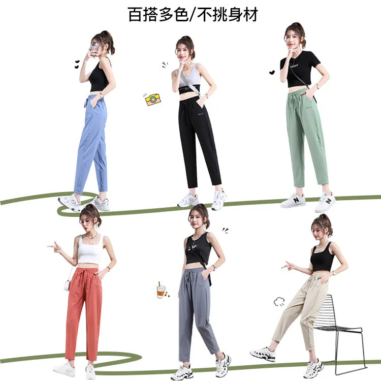 Black High Waist Straight Casual Pants Women Summer Thin Loose Slim Look Drape Ice Silk Pants