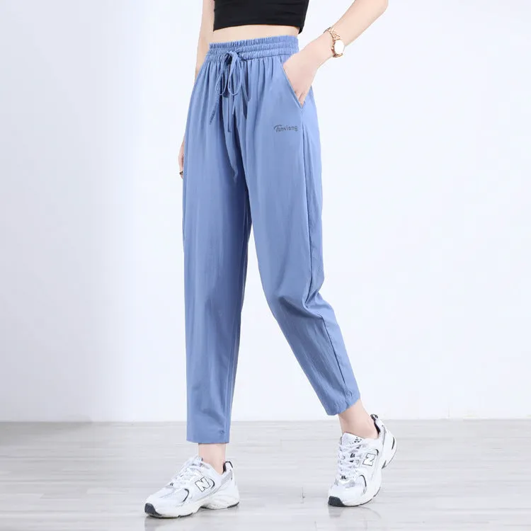 Black High Waist Straight Casual Pants Women Summer Thin Loose Slim Look Drape Ice Silk Pants