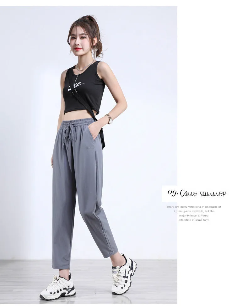 Black High Waist Straight Casual Pants Women Summer Thin Loose Slim Look Drape Ice Silk Pants
