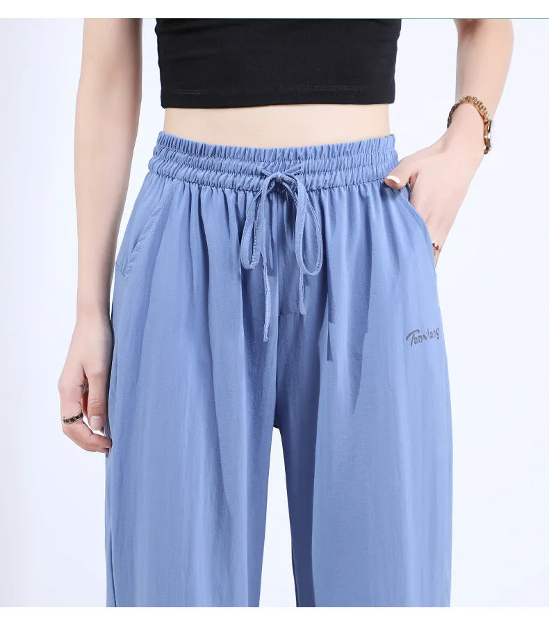 Black High Waist Straight Casual Pants Women Summer Thin Loose Slim Look Drape Ice Silk Pants