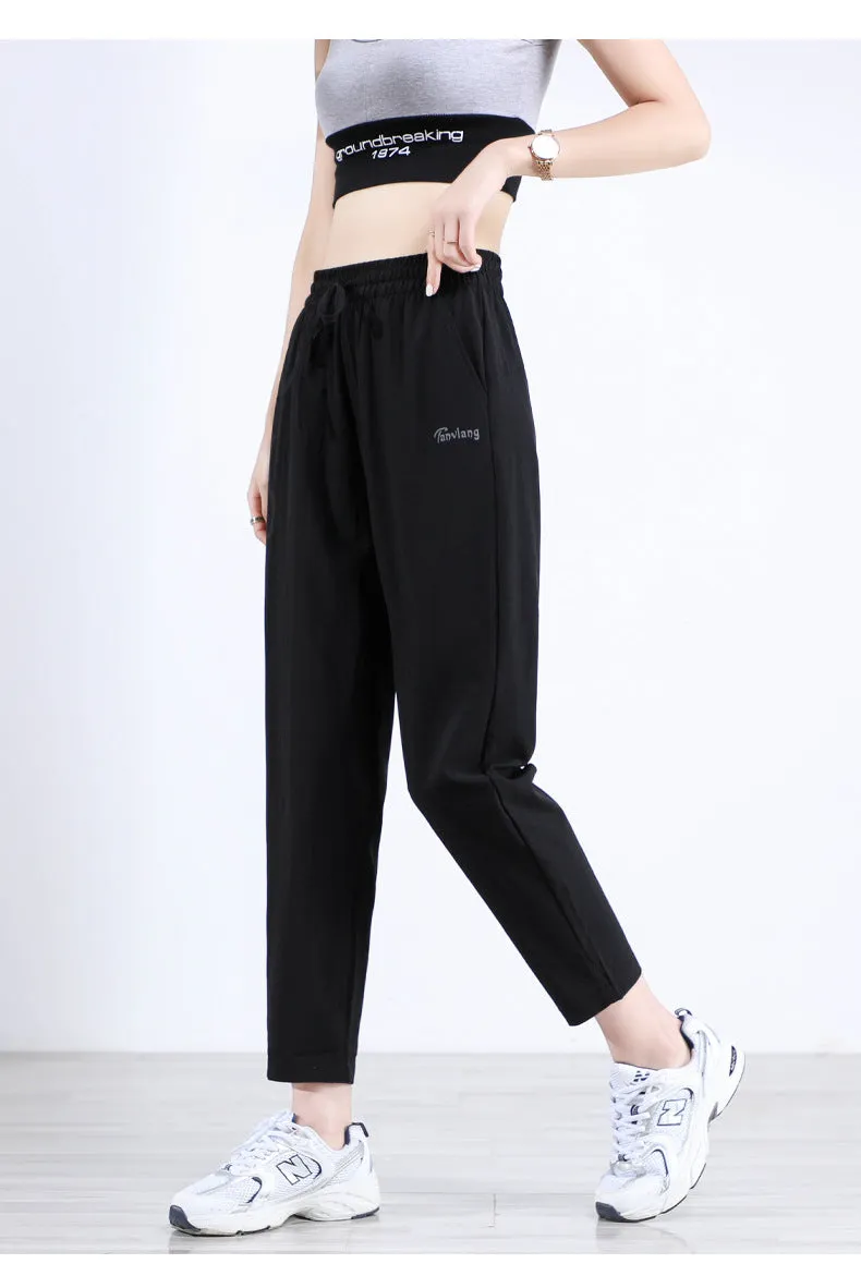 Black High Waist Straight Casual Pants Women Summer Thin Loose Slim Look Drape Ice Silk Pants