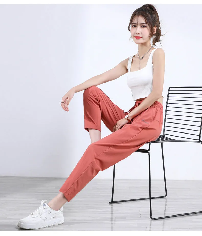 Black High Waist Straight Casual Pants Women Summer Thin Loose Slim Look Drape Ice Silk Pants
