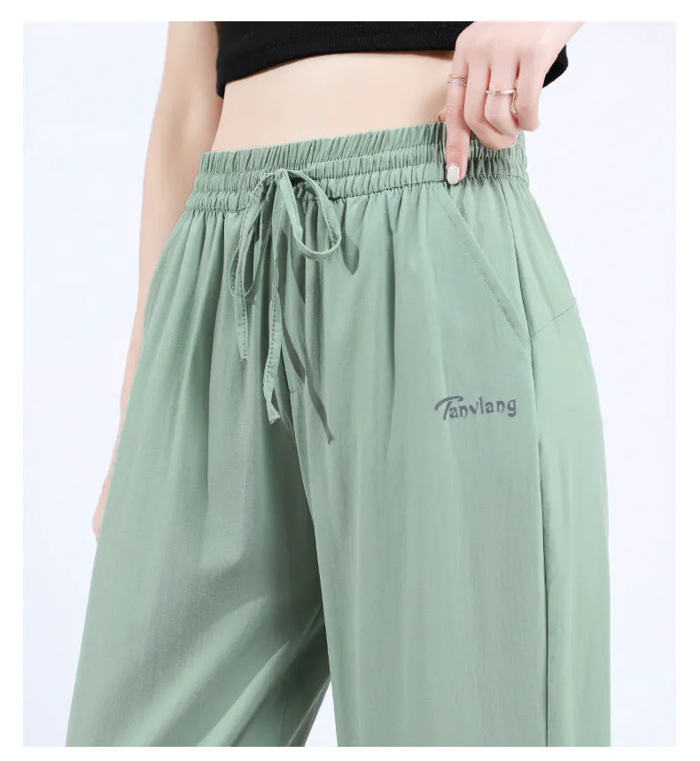 Black High Waist Straight Casual Pants Women Summer Thin Loose Slim Look Drape Ice Silk Pants
