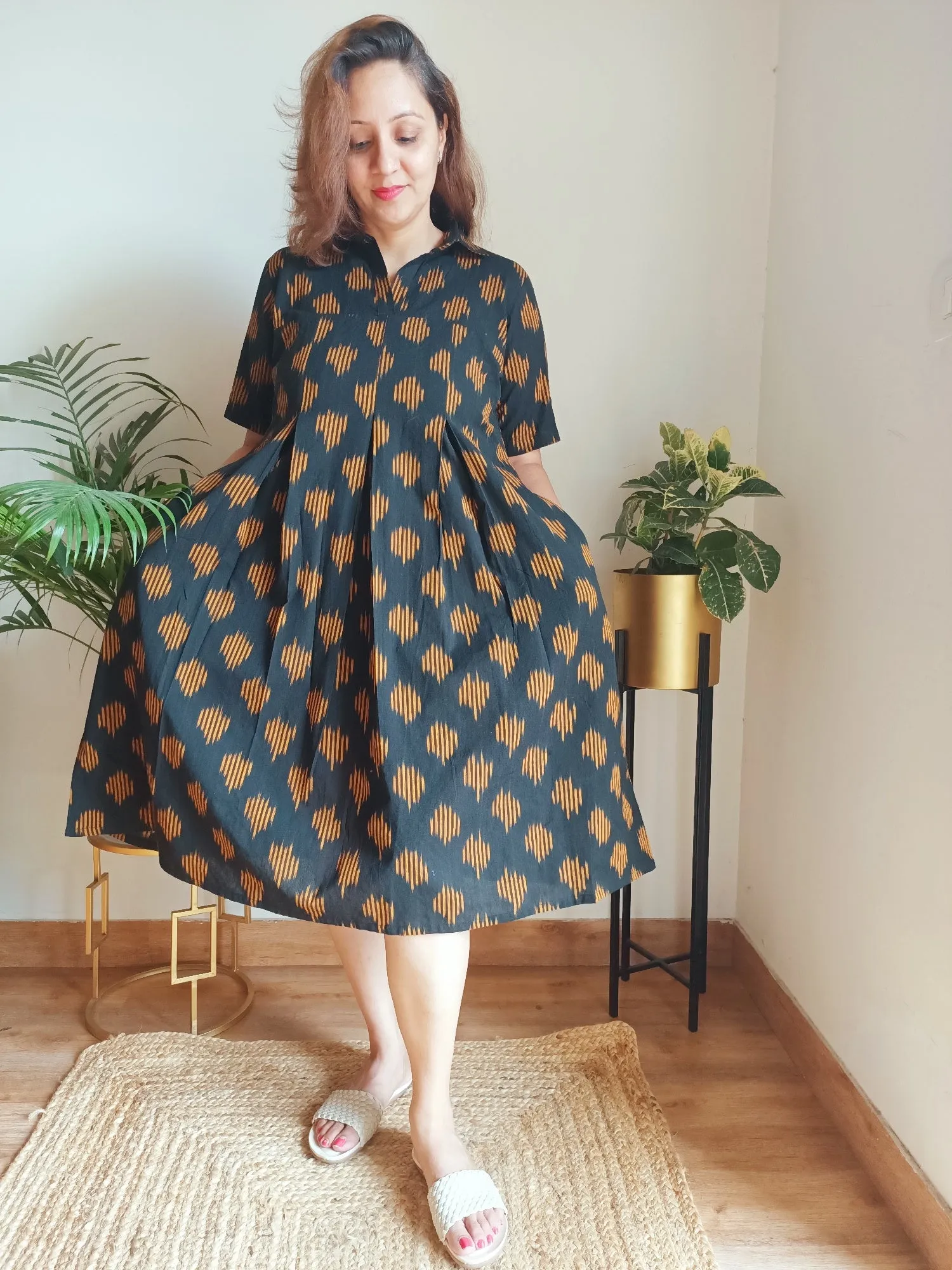 Black Ikat Cotton 'Kavya' Midi Dress