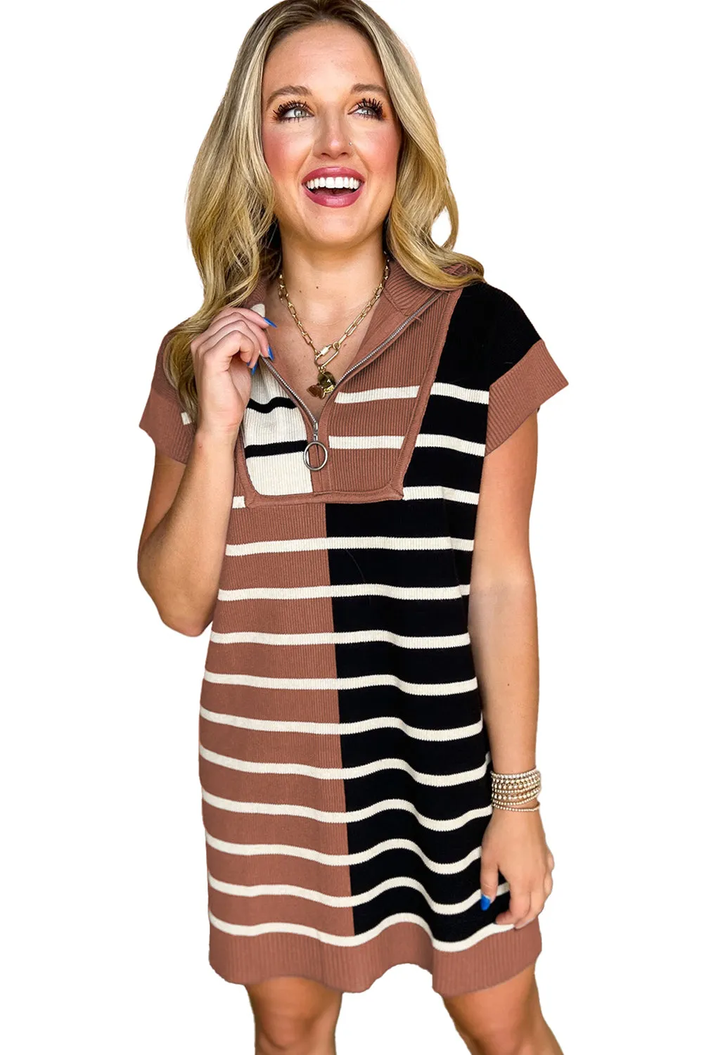 Black Stripe Color Block Quarter Zip Collar Short Sleeve Sweater Dress