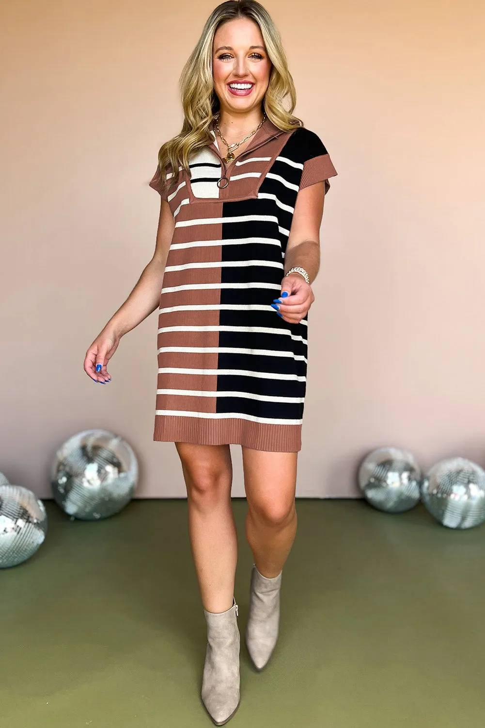 Black Stripe Color Block Quarter Zip Collar Short Sleeve Sweater Dress