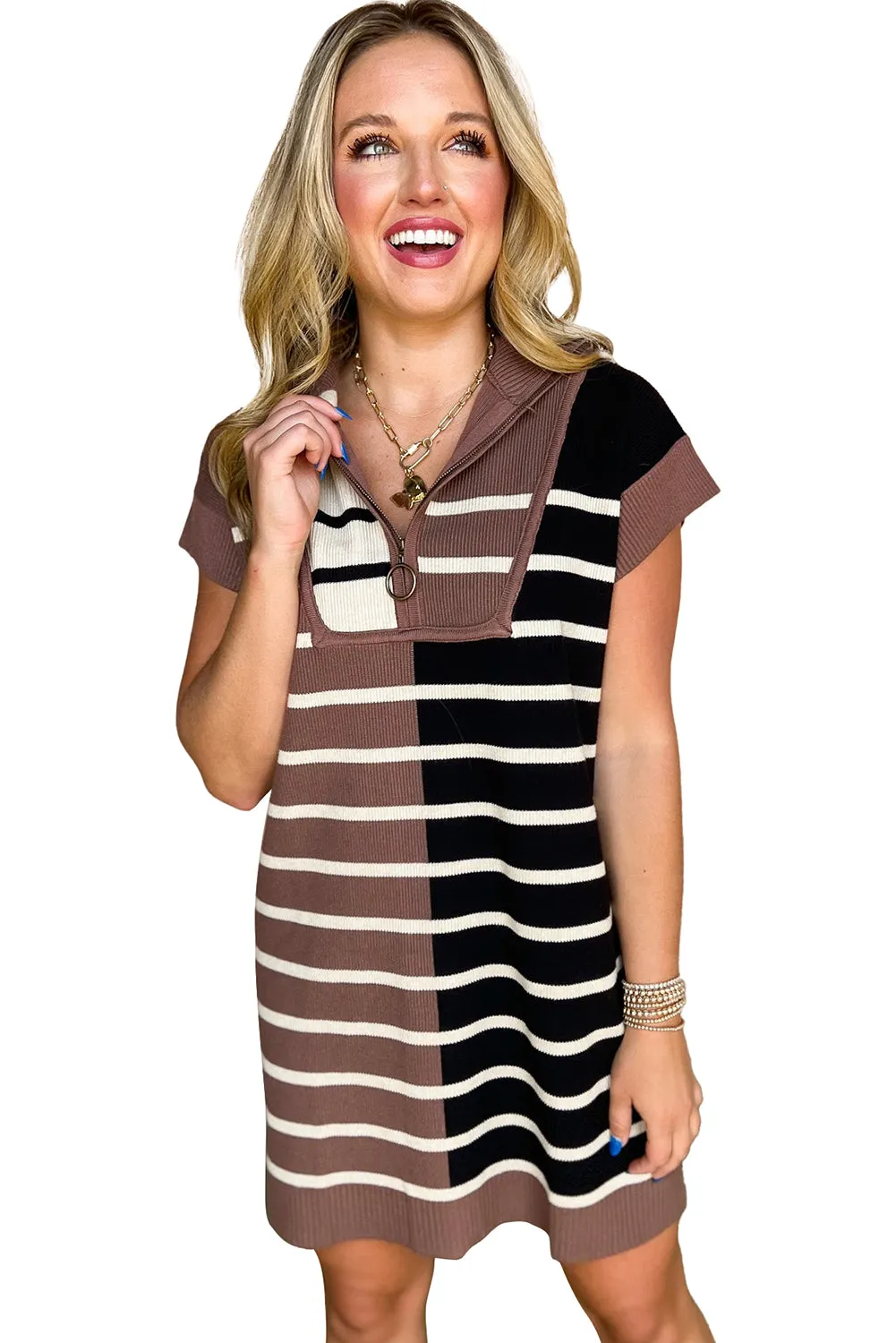Black Stripe Color Block Quarter Zip Collar Short Sleeve Sweater Dress