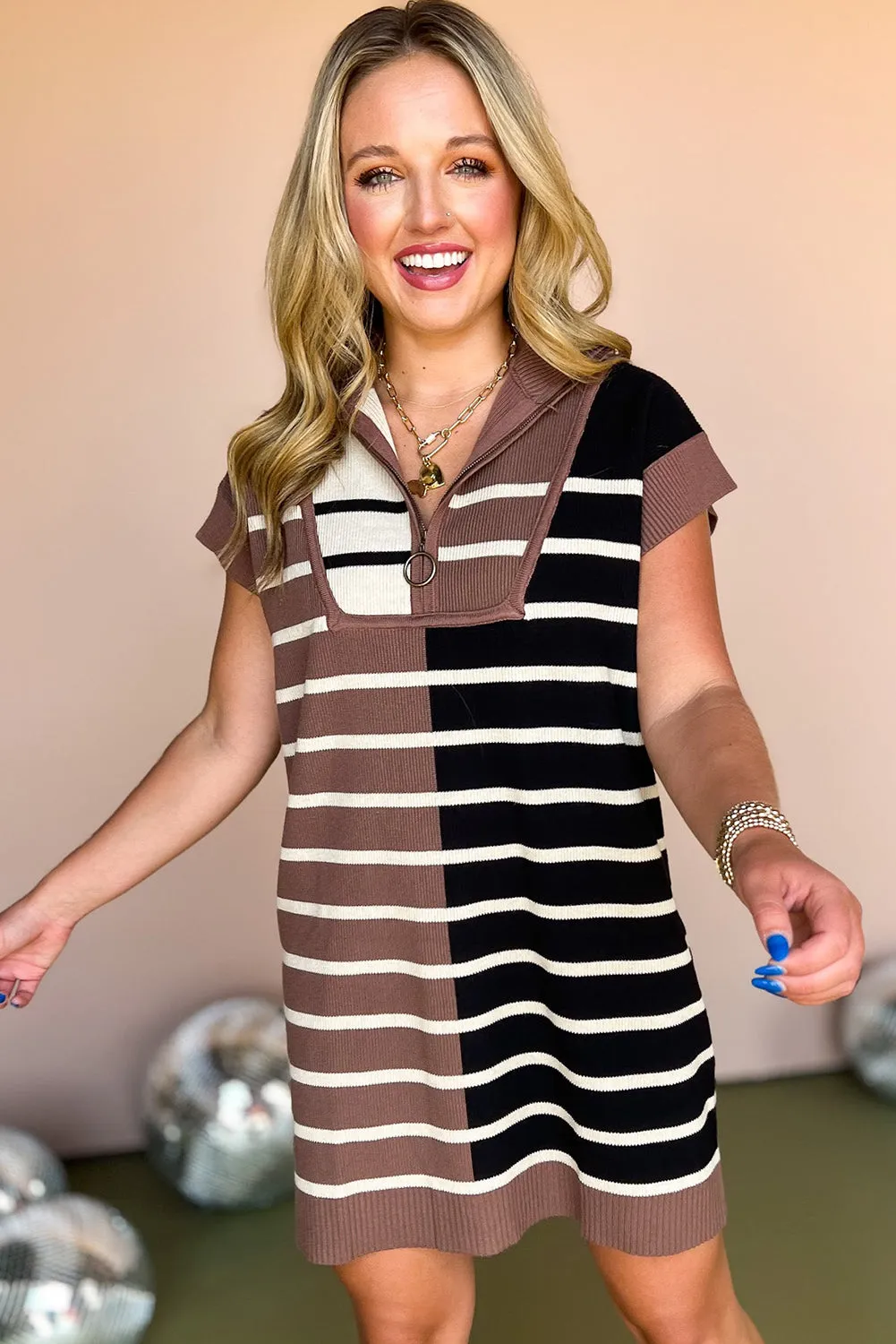 Black Stripe Color Block Quarter Zip Collar Short Sleeve Sweater Dress
