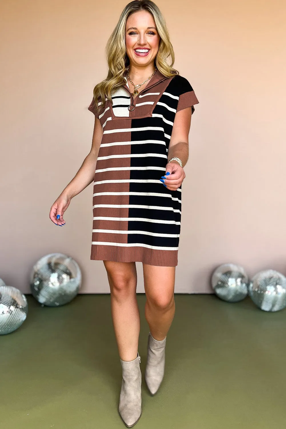 Black Stripe Color Block Quarter Zip Collar Short Sleeve Sweater Dress