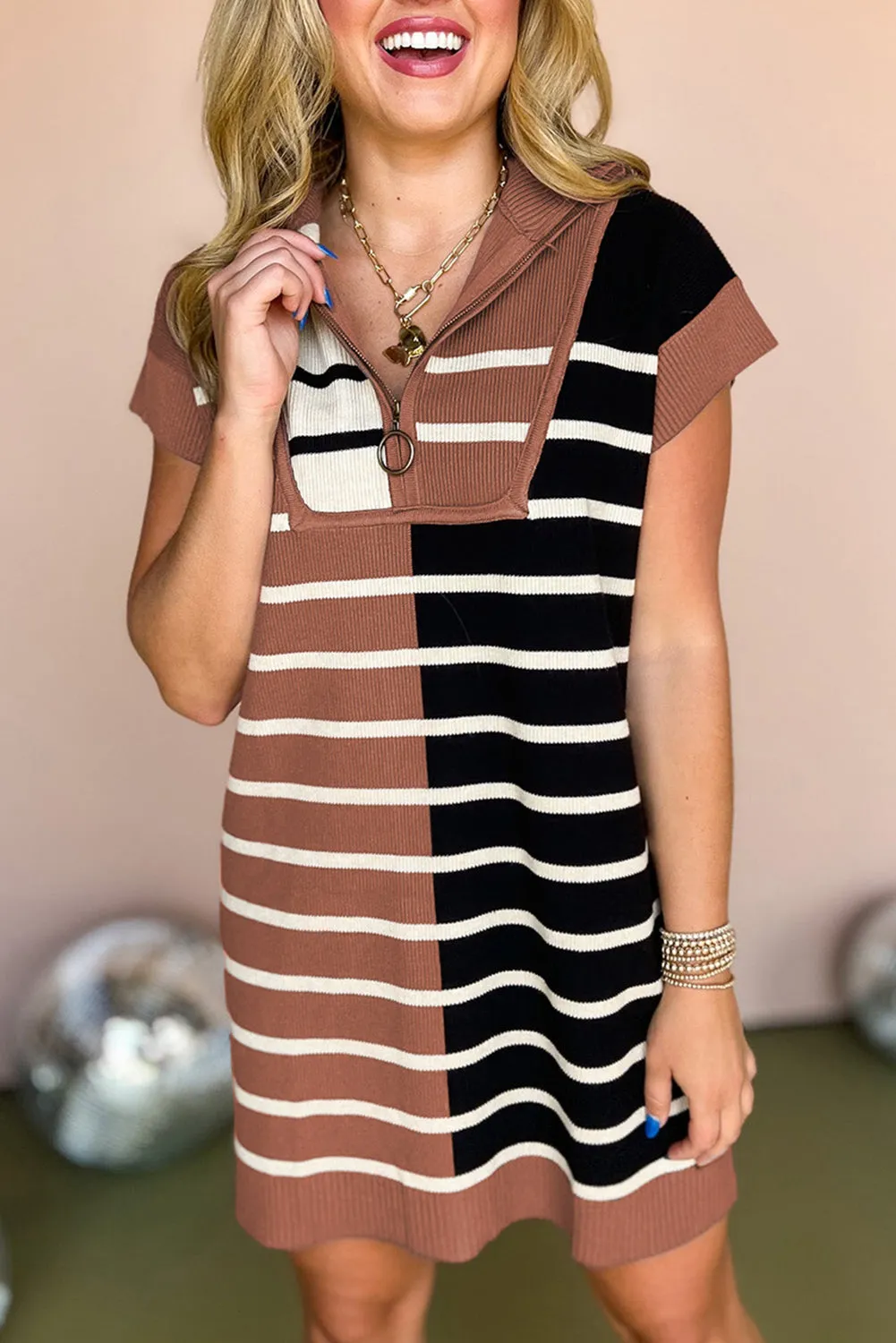 Black Stripe Color Block Quarter Zip Collar Short Sleeve Sweater Dress