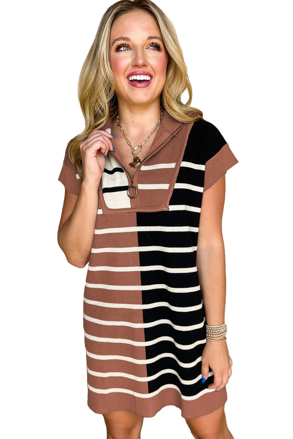 Black Stripe Color Block Quarter Zip Collar Short Sleeve Sweater Dress
