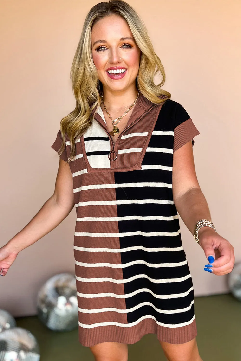 Black Stripe Color Block Quarter Zip Collar Short Sleeve Sweater Dress