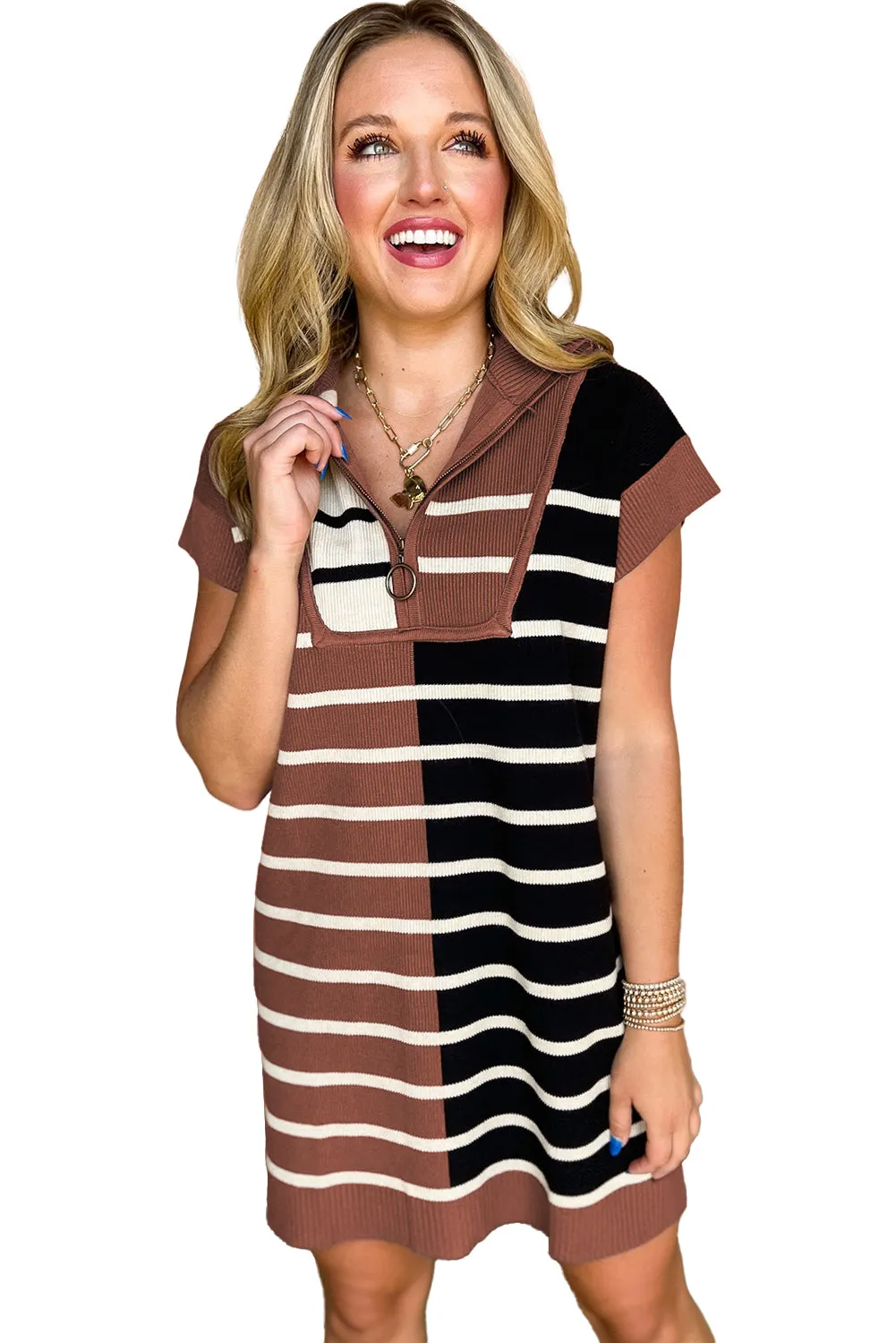 Black Stripe Color Block Quarter Zip Collar Short Sleeve Sweater Dress